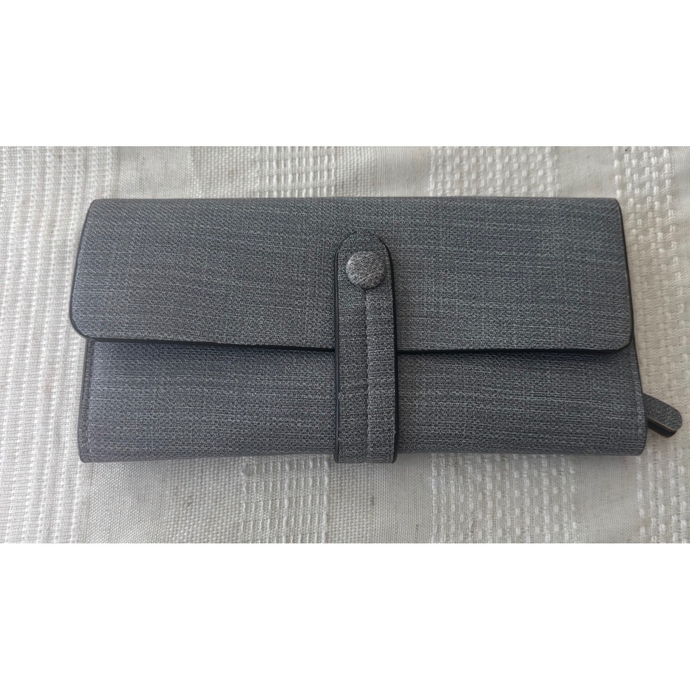 Gray Fabric Clutch Wallet Snap Closure Checkbook‎ Style Organizer Card Holder